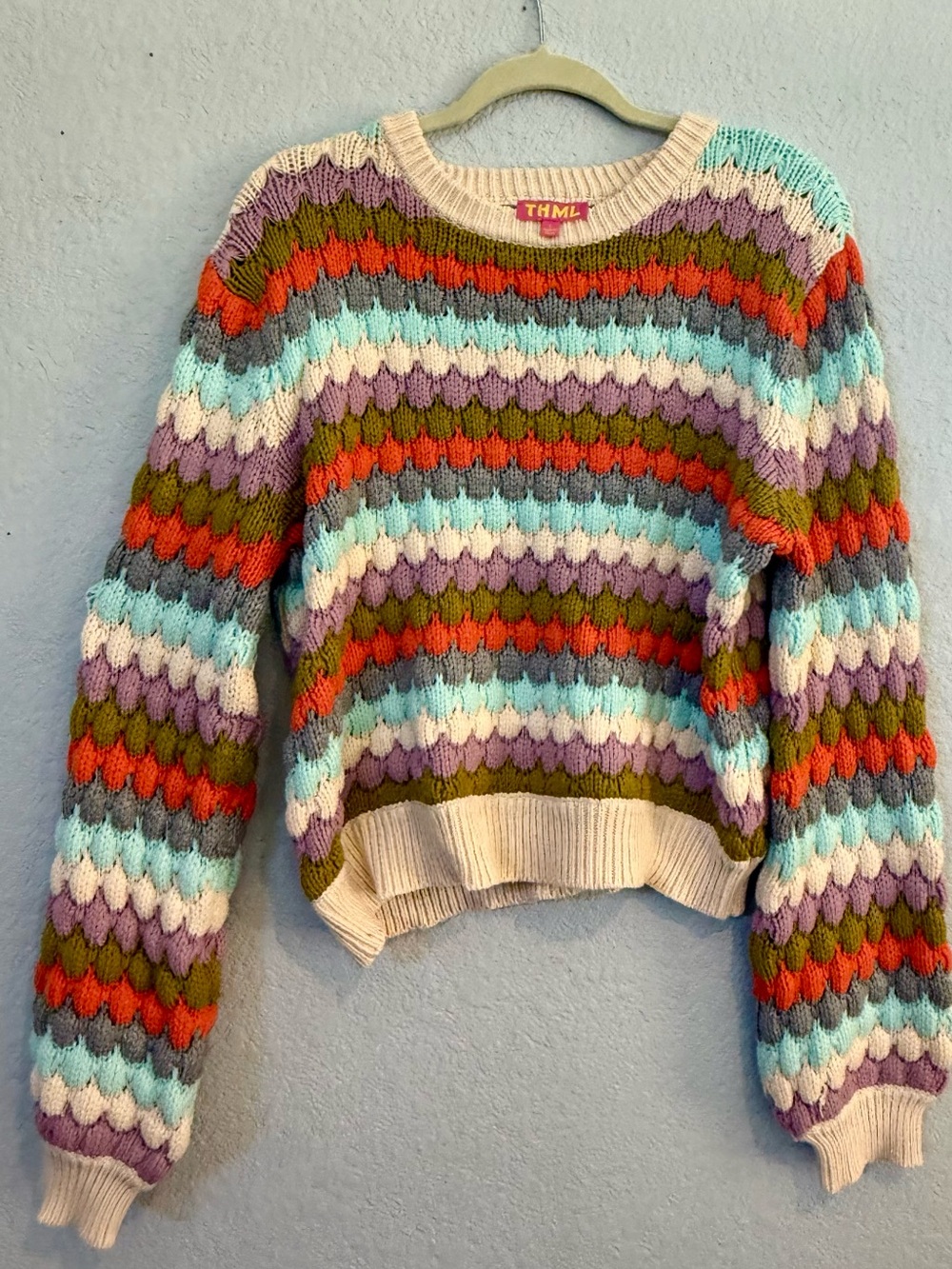 THML Multicolor Scalloped Stripe Textured Knit Pullover Sweater L